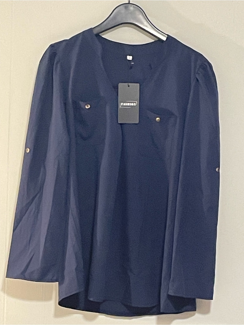 Navy Button-Accent Long Sleeve Blouse